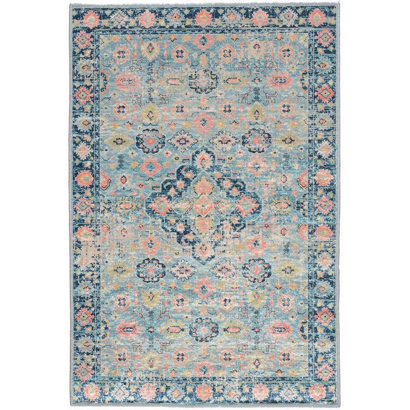 Ivory and Blue Rectangular Silk-Look Synthetic Rug, 2'2" x 3'2"