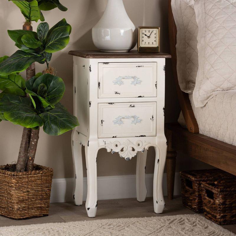 Levron Two-Tone and Antique Wood 2 Drawer Nightstand Walnut Brown/Antique White - Baxton Studio: Bedside Storage Table