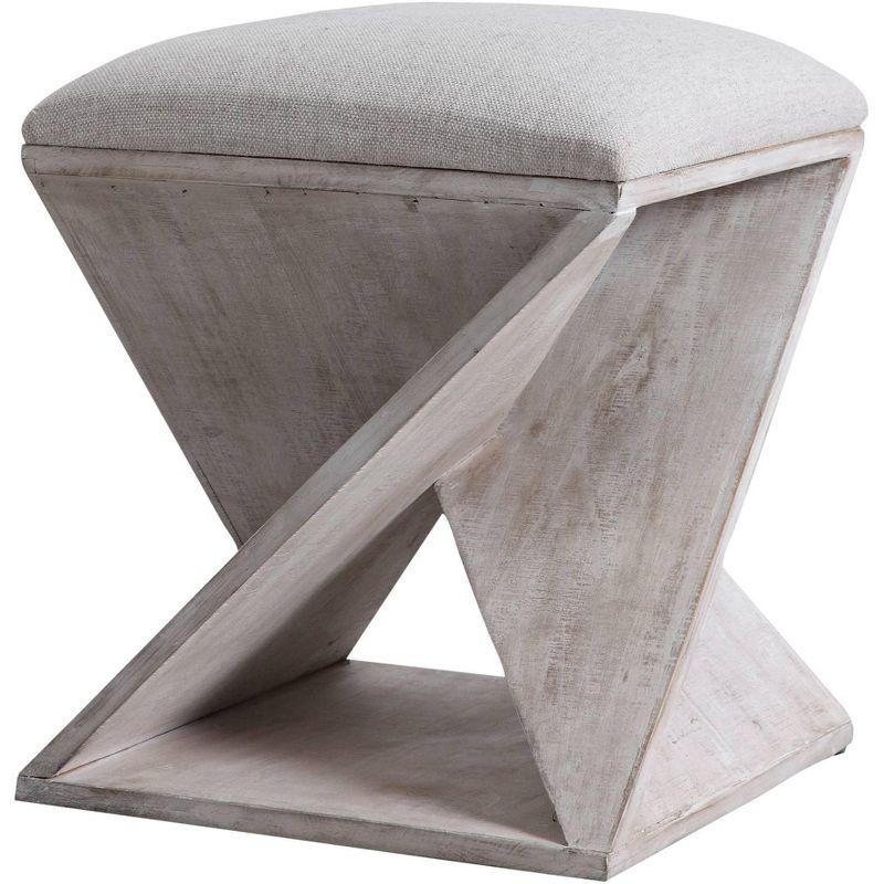 Gray and White Geometric Coastal Accent Stool with Linen Cushion