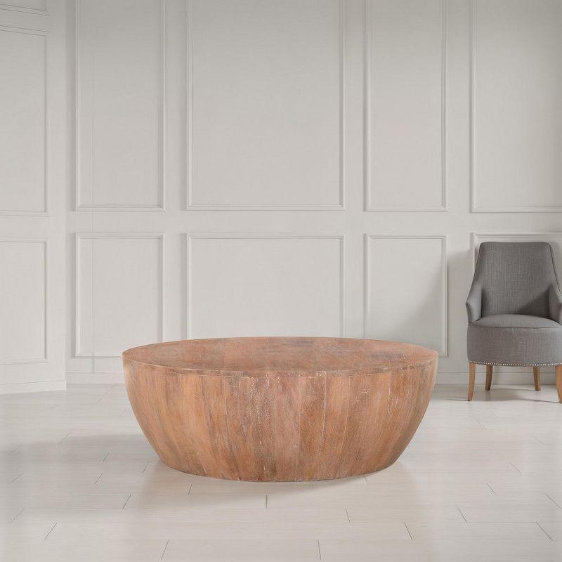 Arthur Drum Shape Wooden Coffee Table with Plank Design Base, Distressed Brown - UPT-32182 Brown