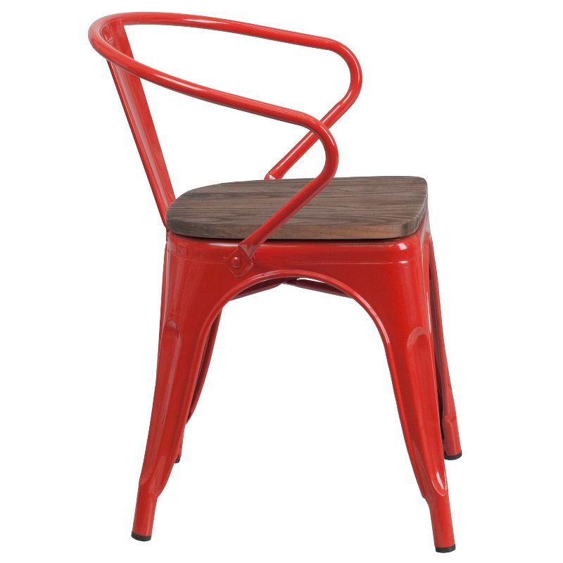 Rustic Red Metal Arm Chair with Wood Detail and Slat Back