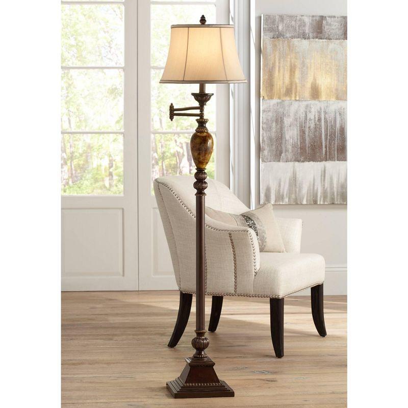 Bronze Adjustable Swing Arm Floor Lamp with Faux Silk Shade