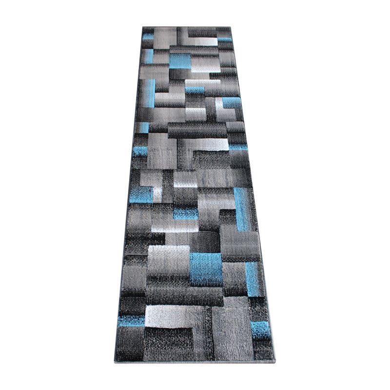 Blue and Gray Geometric Pattern Runner Rug