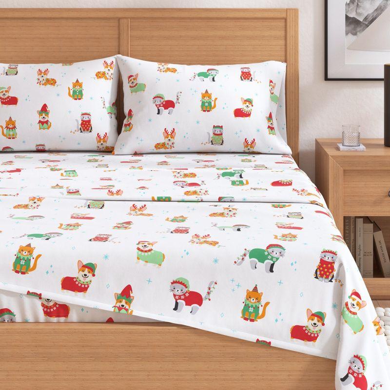 100% Cotton Christmas Flannel Sheets - Great Bay Home (Queen, Dog Cat Christmas)