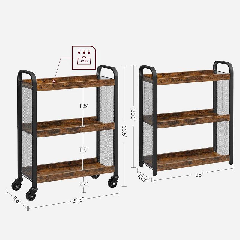 VASAGLE 3-Tier Narrow Storage Cart, Rolling Cart with Wheels, Steel Frame, Rustic Brown and Black