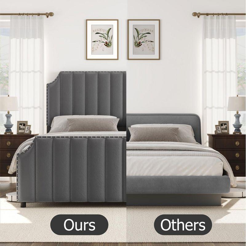Garvee Queen Velvet Bed Frame, 50.2" Upholstered Headboard, Footboard with Nailhead Trim, No Box Spring Needed, Solid Wood Slats, Noise Free, Beige