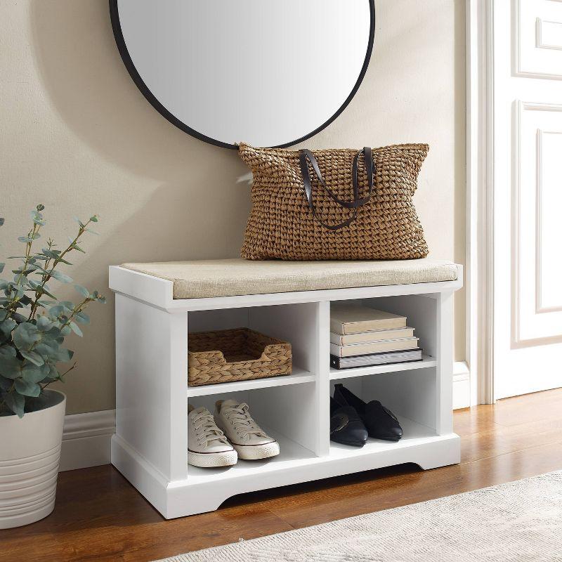 Beige Linen Coastal Storage Bench with Adjustable Shelves