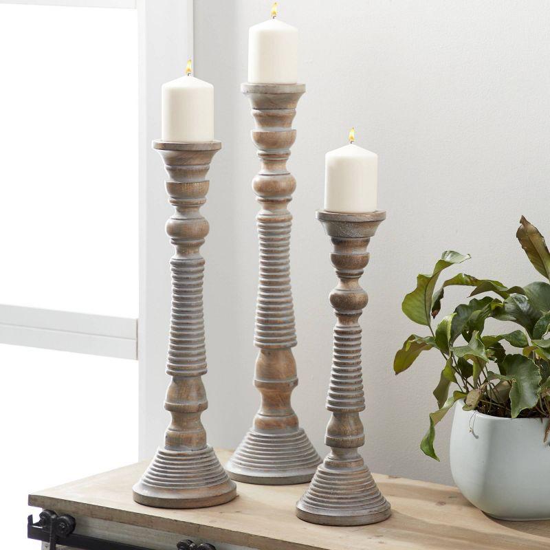 Mocha Brown Mango Wood Candlestick Trio with Gray Wash