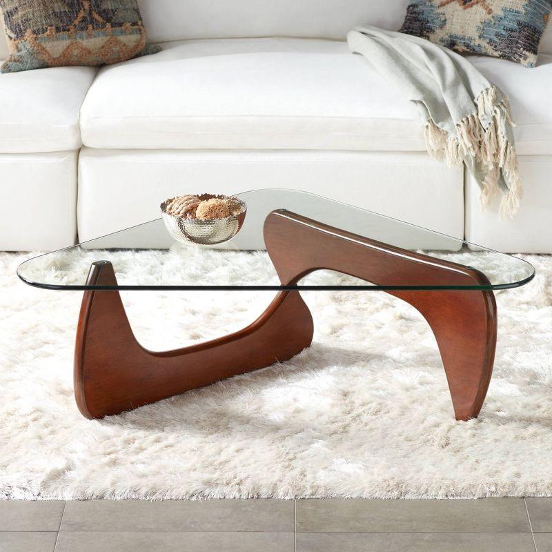 Triangular Brown Wood Coffee Table with Clear Glass Top