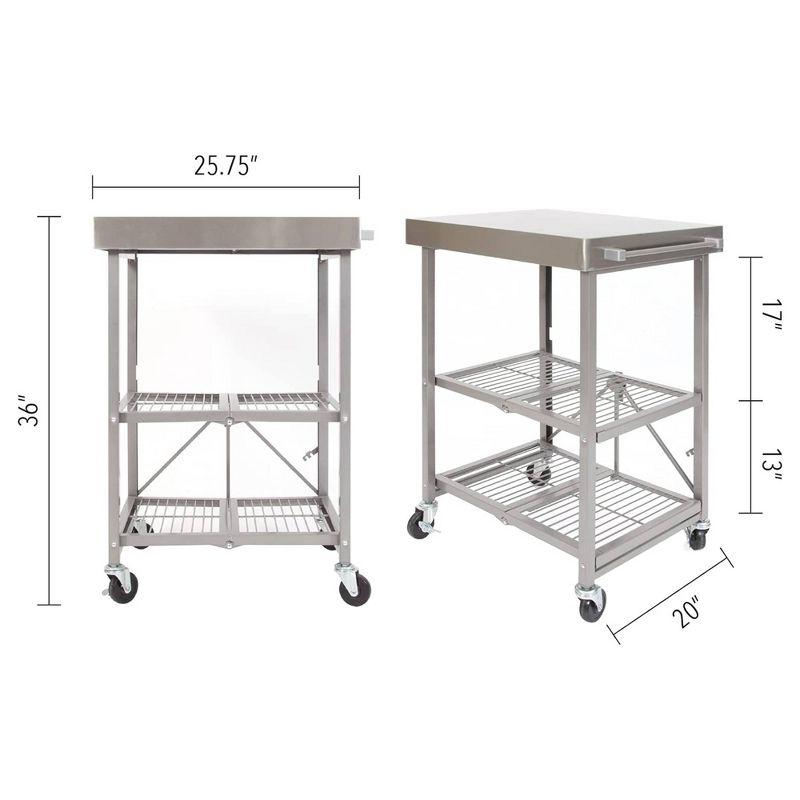 Origami RBT Fully Stainless Steel Foldable Kitchen Cart with 4 Professional Grade Caster Wheels Holds Up To 100 Pounds, Silver