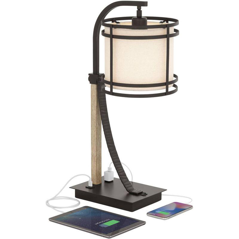 Franklin Iron Works Gentry Industrial Desk Lamp 22" High Oil Rubbed Bronze Faux Wood Cage with USB and AC Power Outlet in Base Oatmeal Shade for Desk