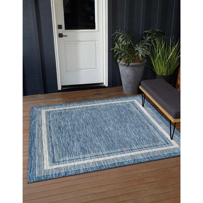 Blue and Ivory Square Outdoor Synthetic Rug