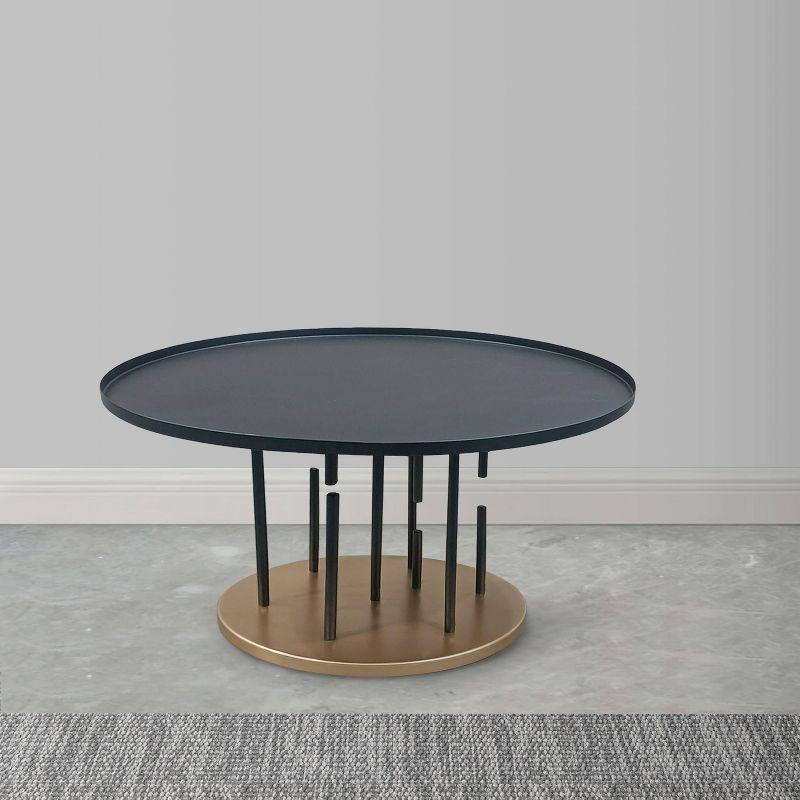 The Urban Port 31" Coffee Table Round Matte Black Tray Top Modern Rod Supports with Brass Base Black/Brass