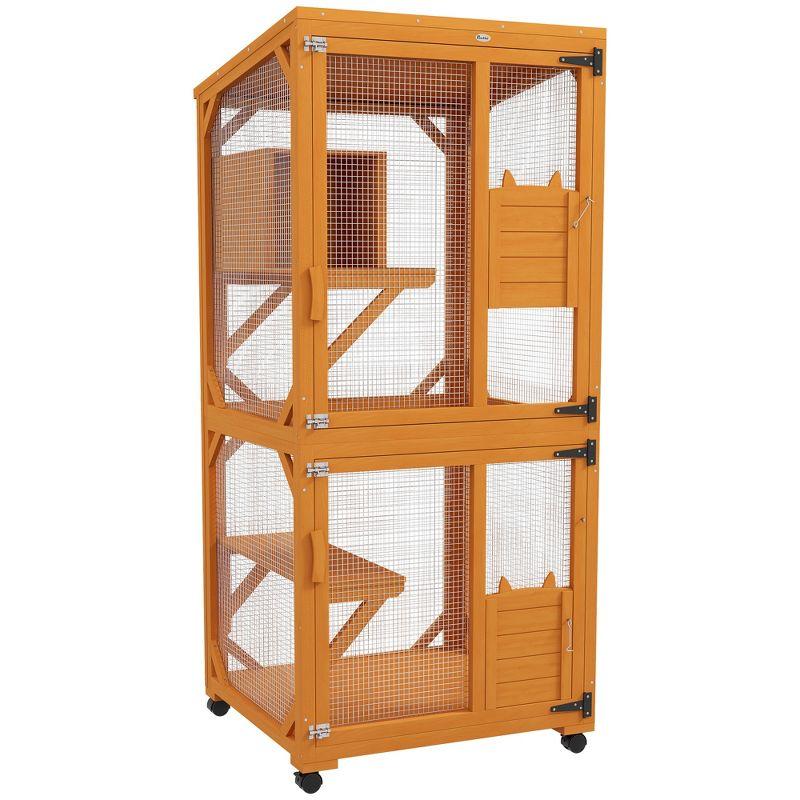 PawHut Catio Outdoor, Large Cat Enclosure, Wooden Kitten House, Elevated Design, with Wheels, Water-Resistant, Multi Platforms, for 1-3 Cats, Orange