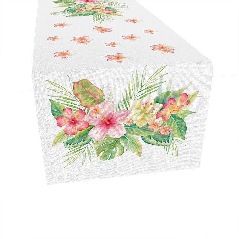 Tropical Floral Polyester Table Runner with Pink and Green Accents