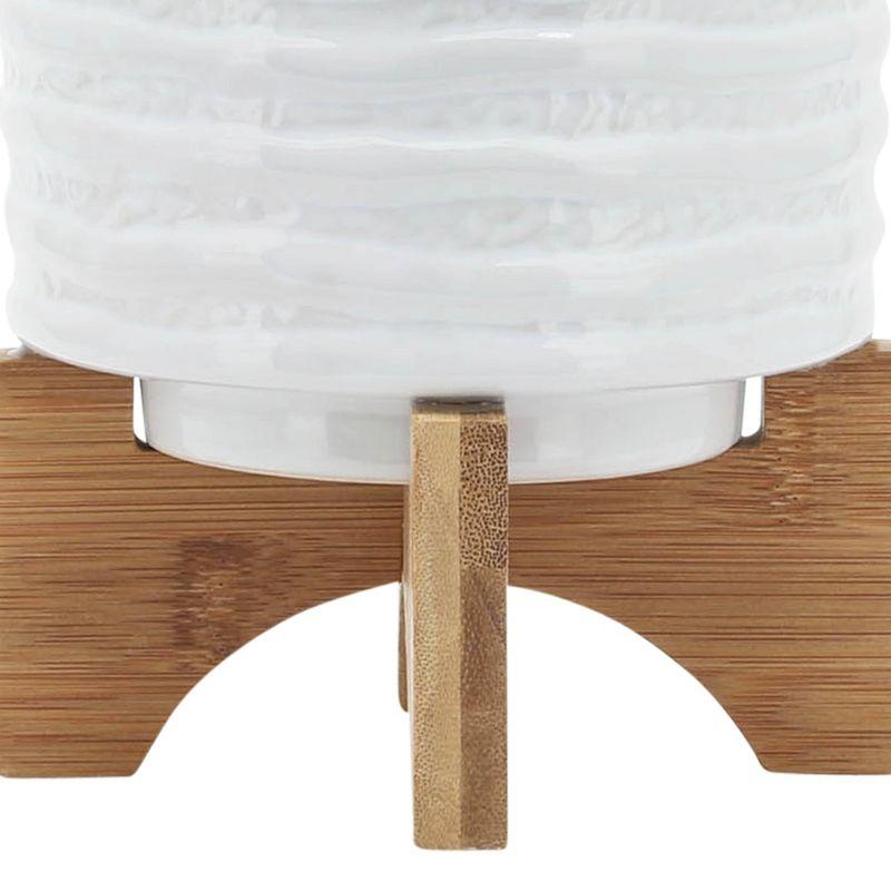 6" Ceramic Planter on Stand White Stripe - Sagebrook Home: Ridged, Wood Stand, Indoor/Outdoor Use