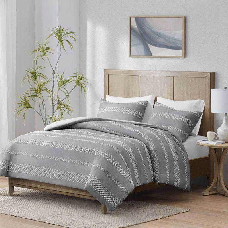 Gray King/Cal King Clipped Jacquard Duvet Cover Set