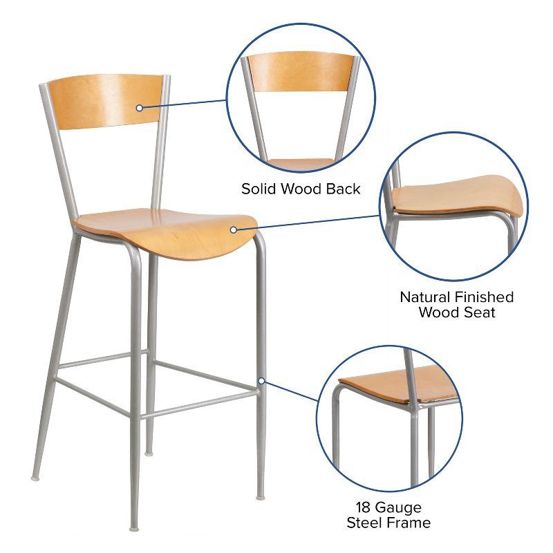 Flash Furniture Invincible Series Silver Metal Restaurant Barstool - Natural Wood Back & Seat