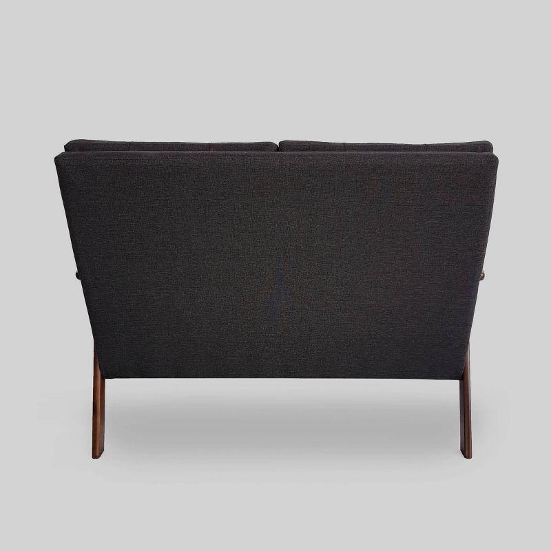 Mid-Century Black Tufted Fabric Loveseat with Walnut Wood Frame