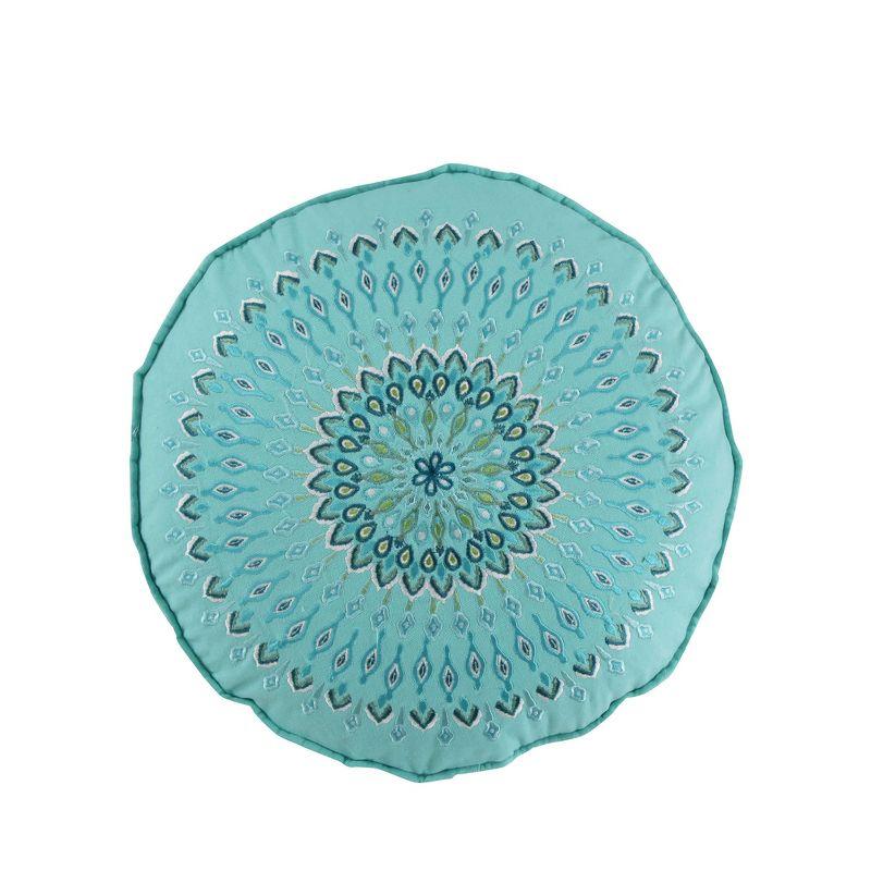 Teal Embroidered Round Boho-Chic Down Throw Pillow