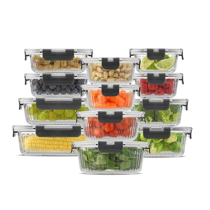 JoyJolt Fluted Glass Food Storage Containers with Leakproof Lids, Set of 12