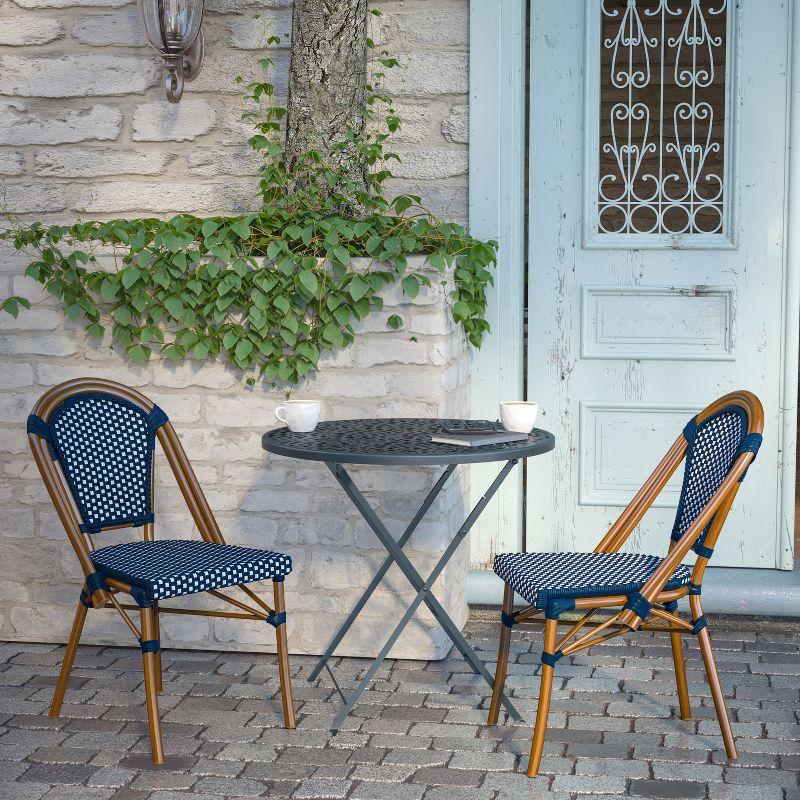 Emma & Oliver Soie Set of Two Stacking Bistro Chairs with Navy and White PE Seat and Back and Bamboo Finished Aluminum Frame for Indoor/Outdoor Use