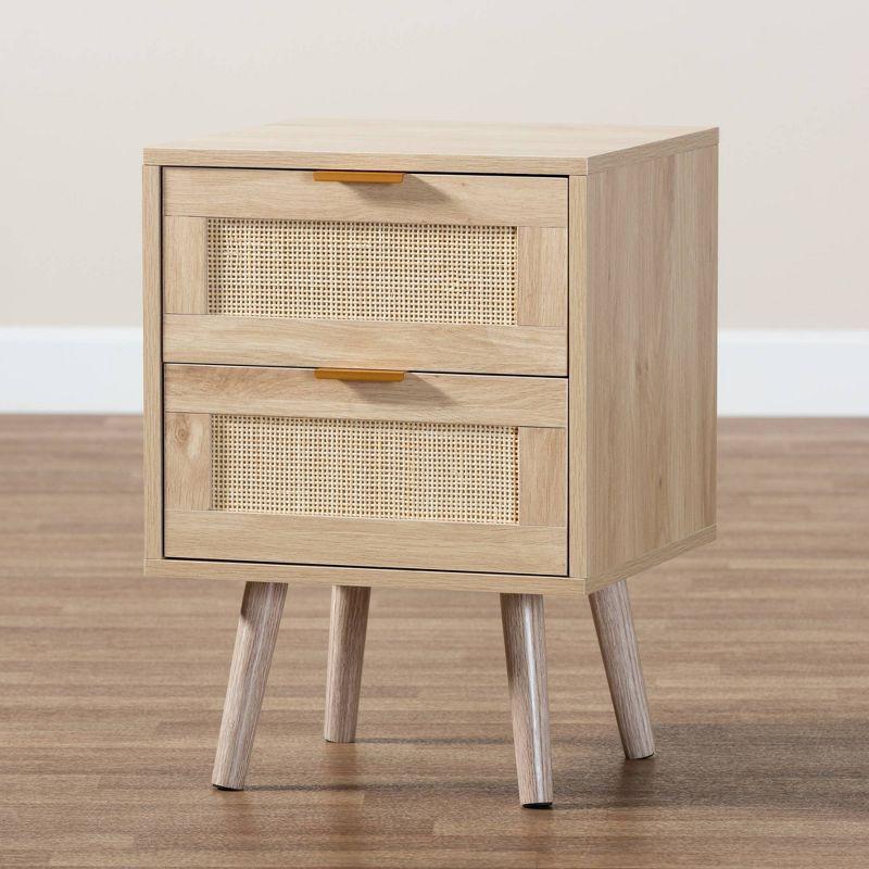 Baird Wood and Rattan 2 Drawer Nightstand Brown - Baxton Studio: Bohemian Style, Gold Tone Handles