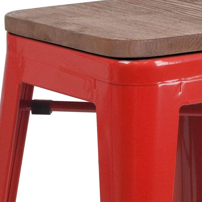 24" Red Metal & Brown Wood Backless Counter Stool