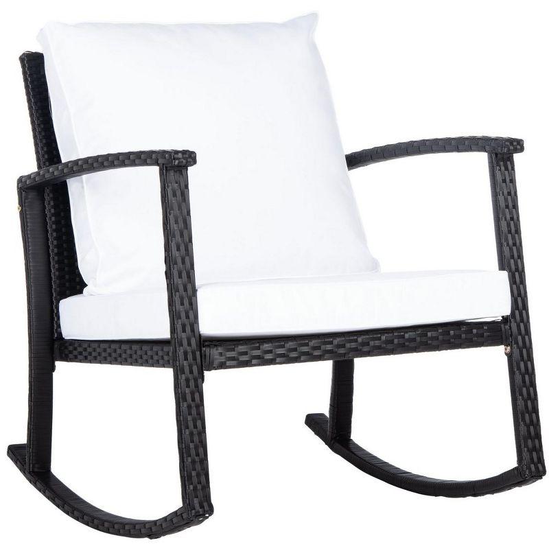 Breezy Black PE Rattan Rocking Chair with Plush White Cushions