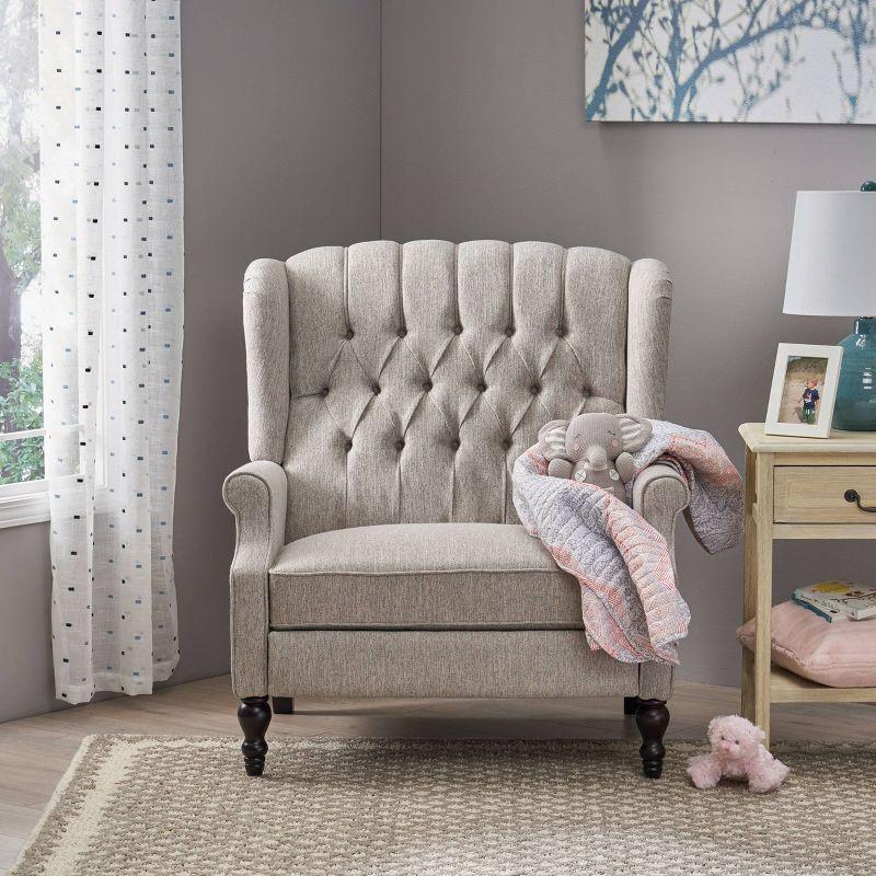 Salome Light Gray Oversized Tufted Wingback Recliner with Wooden Legs