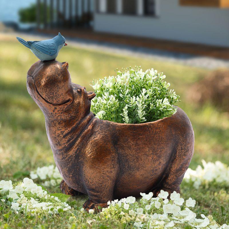 LuxenHome Brown Hippo and Blue Bird MgO Flower Pot Planter