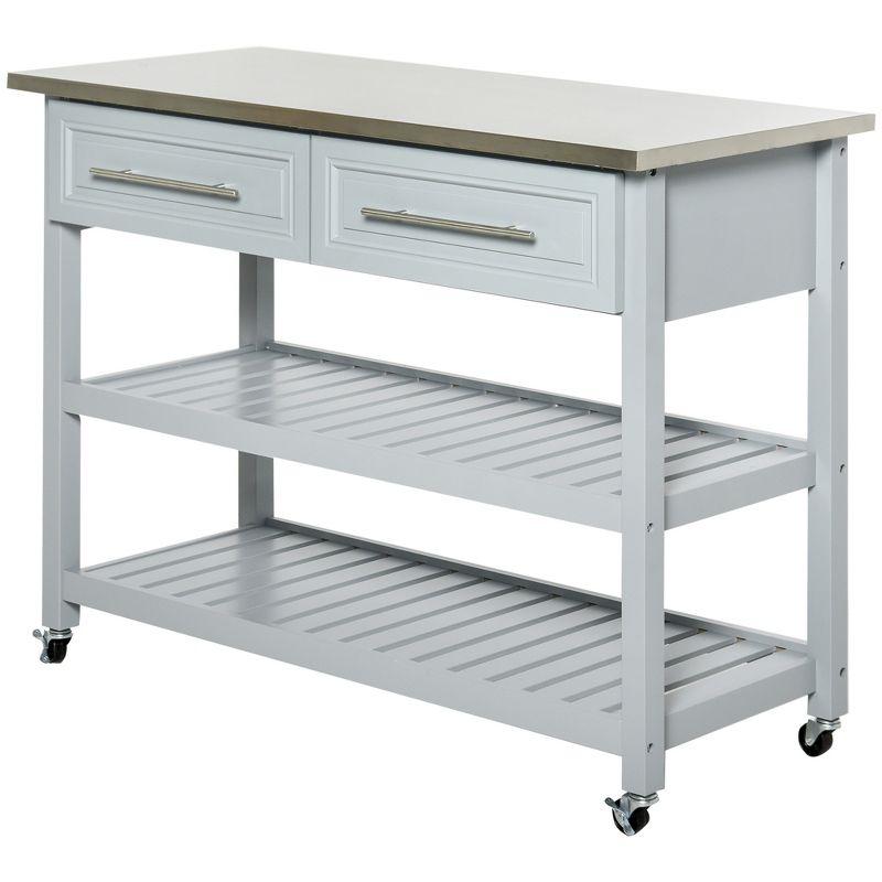 HOMCOM Kitchen Island with Stainless Steel Top, Traditional Kitchen Island with Storage, 2-Tier Open Shelves, Drawers