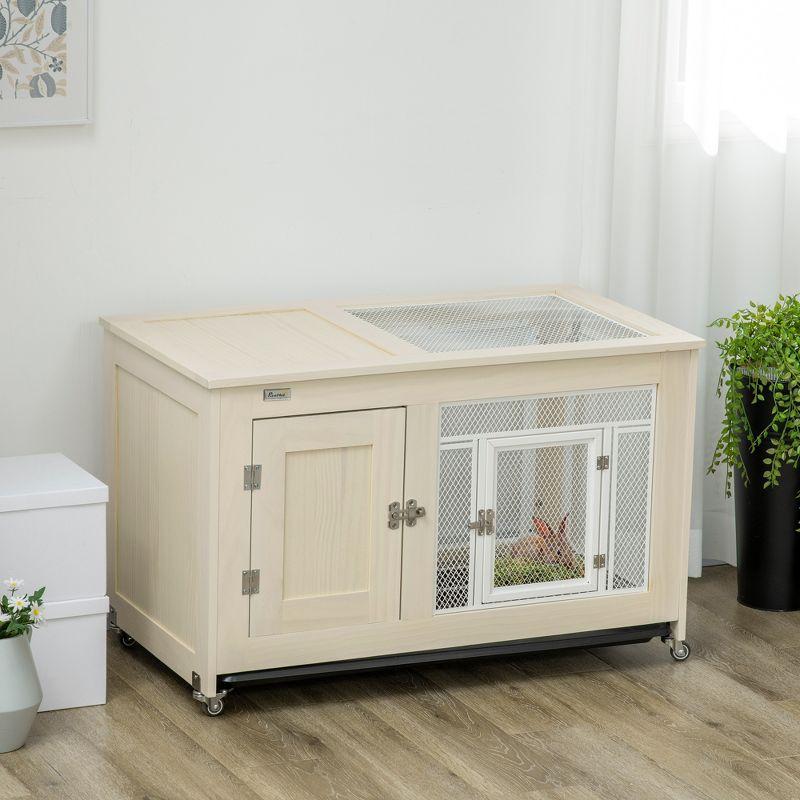 PawHut Small Rabbit Hutch Indoor Bunny Cage on Wheels, Rabbit Habitat with Tough Pinewood, Openable Top, Rabbit Cage Inside, 37.5" x 21" x 24.5"