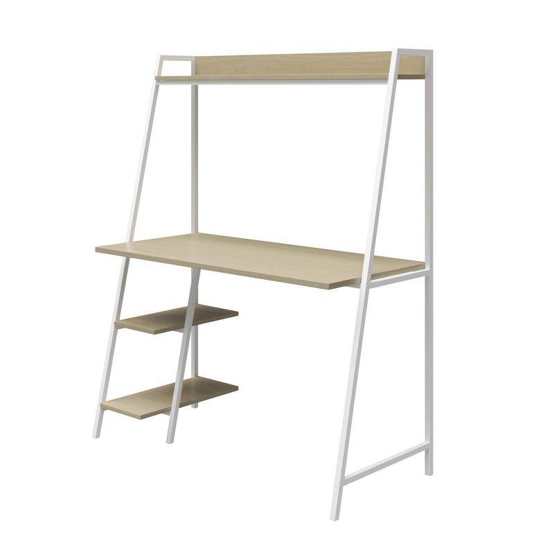 Pale Oak and White Metal Ladder Desk with Shelves