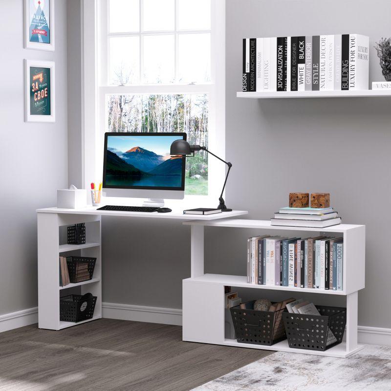 White Wood L-Shaped Rotating Corner Desk with Shelves