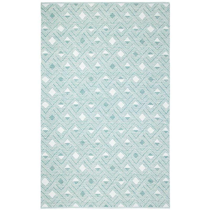 Aqua Ivory Flat Woven Handmade Wool Cotton Rug, 5' x 8'