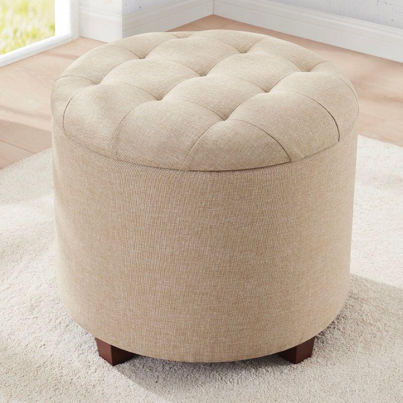 Ornavo Home Linen Upholstered Round Tufted Storage Ottoman with Wooden Legs - Beige