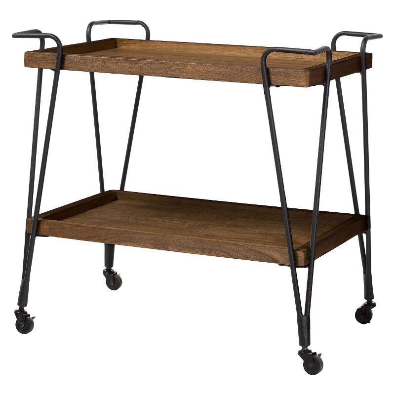 Rustic Industrial Black & Brown Mobile Serving Bar Cart with Wine Rack