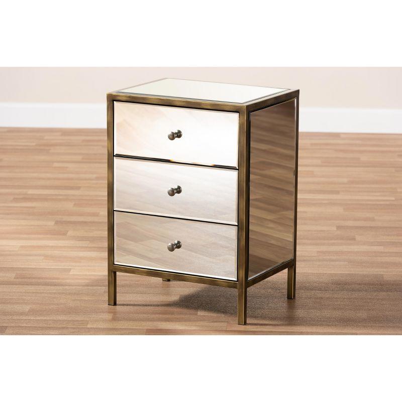 Nouria Mirrored 3 Drawer Nightstand: MDF Wood, Antique Brass Trim - BaxtonStudio