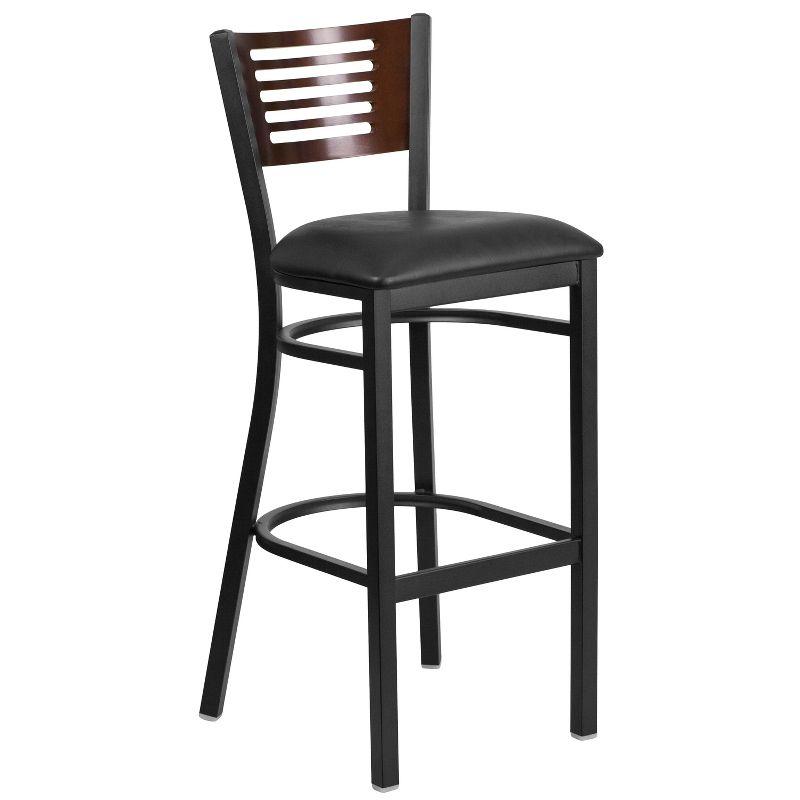 Flash Furniture HERCULES Series Black Slat Back Metal Restaurant Barstool - Walnut Wood Back, Black Vinyl Seat