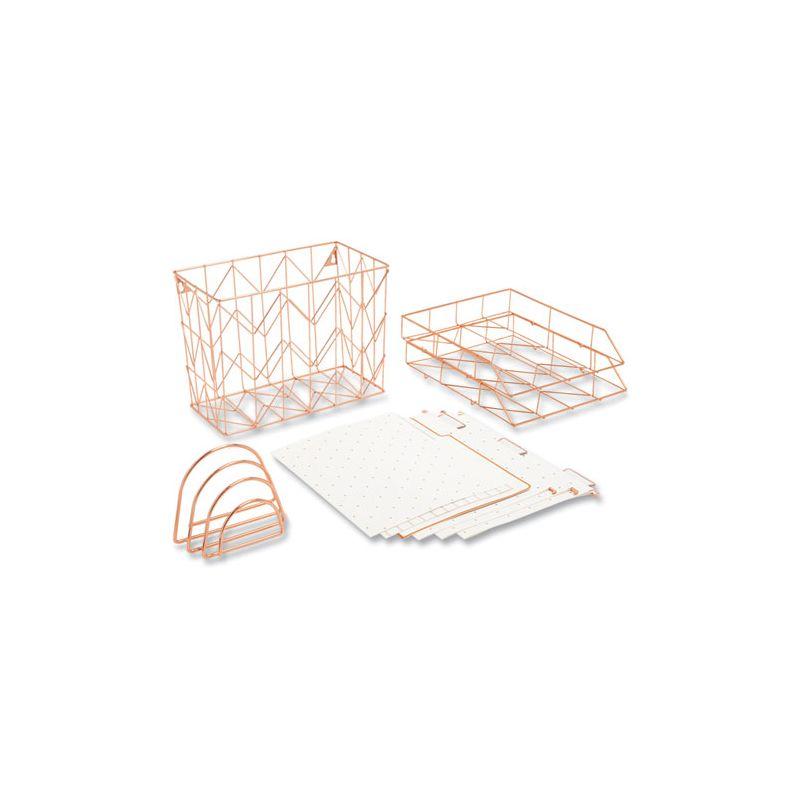 U Brands Letter-Size Desktop Fashion Filing Set, Rose Gold, (1) Rack, (3) Hanging Folders, (3) File Folders, (2) Trays,(1) Mail Sorter