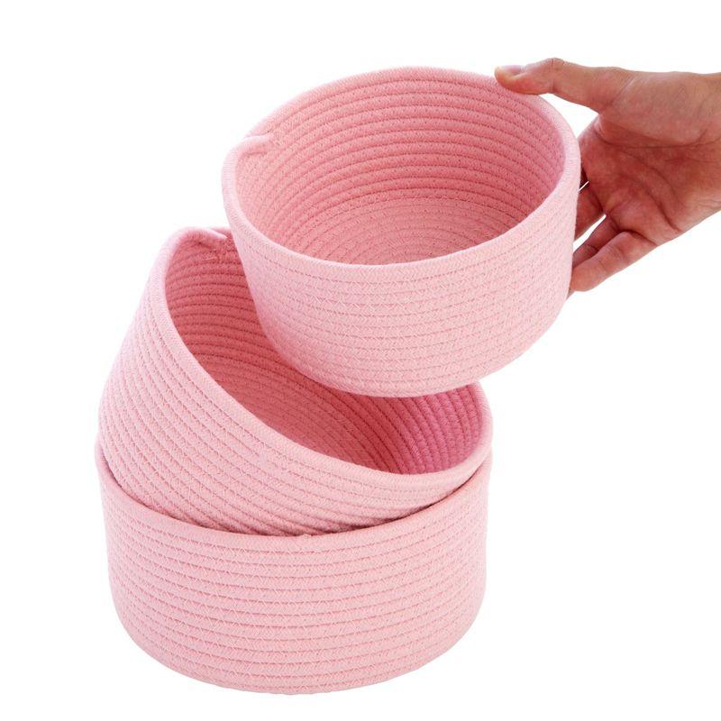 Farmlyn Creek 3-Pack Cotton Woven Baskets for Storage, Pink Rope Montessori Organizer Set for Storing Supplies ( 3 Sizes in Small, Medium and Large)