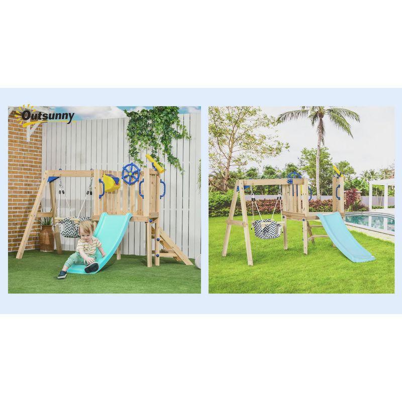 Natural Wooden Outdoor Playset with Swing, Slide, and Fort