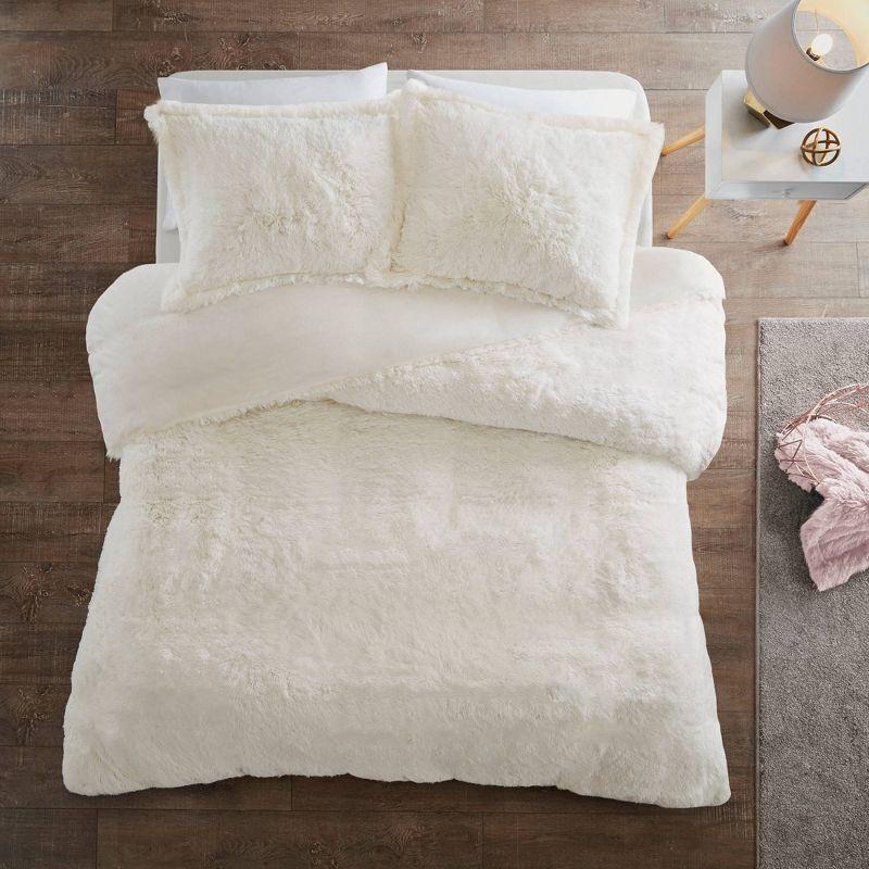 Ivory Shaggy Faux Fur Twin Duvet Cover Set