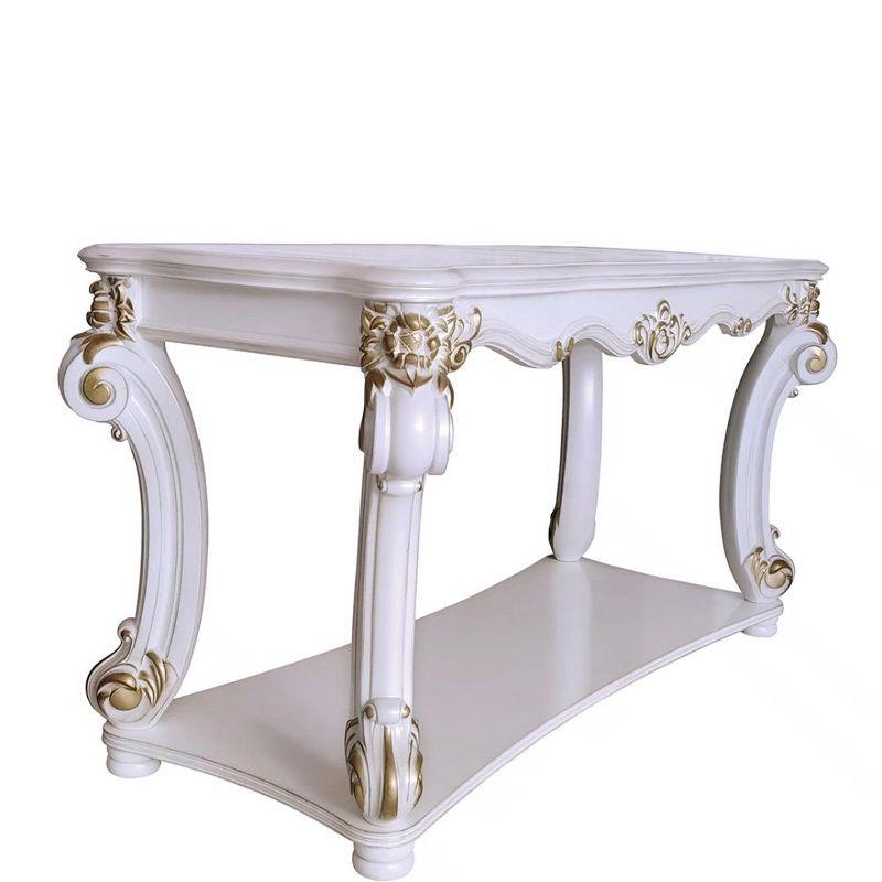 58" Vendome Accent Table Antique Pearl Finish - Acme Furniture: Scrolled Legs, Open Shelf