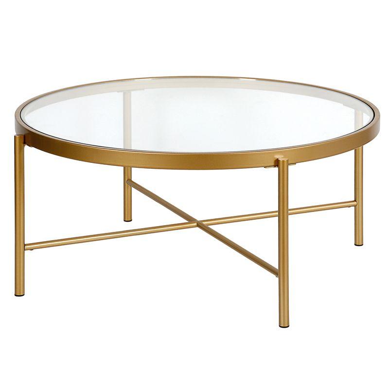 Brass 36" Round Glass Top Coffee Table with X-Base