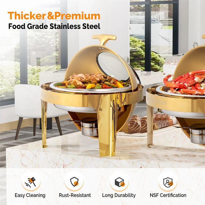 6 QT Gold Roll Top Round Chafing Dish Buffet Set with Glass Window