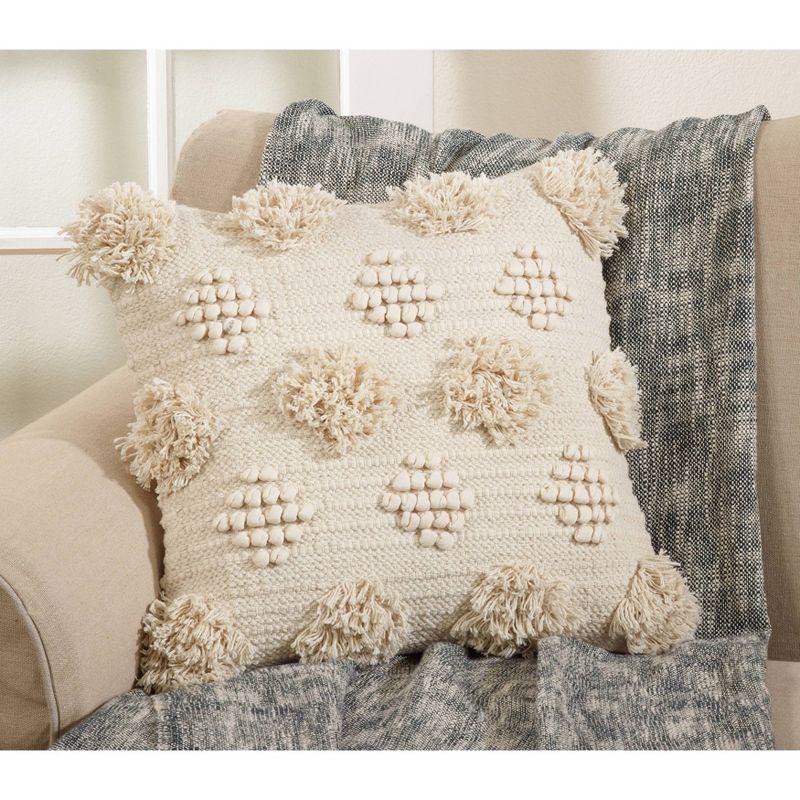 18"x18" Moroccan Down Filled Pom-Pom Square Throw Pillow Ivory - Saro Lifestyle: Cotton Cover, Duck Feather Fill, Zippered