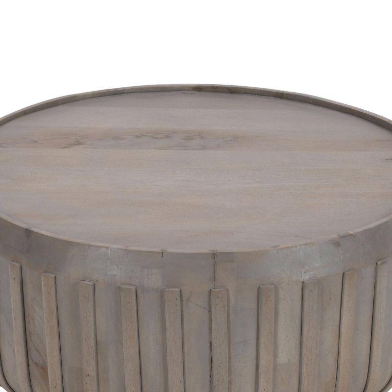 The Urban Port 36" Coffee Table Handcrafted Drum Shape with Ribbed Edges Gray Mango Wood Gray
