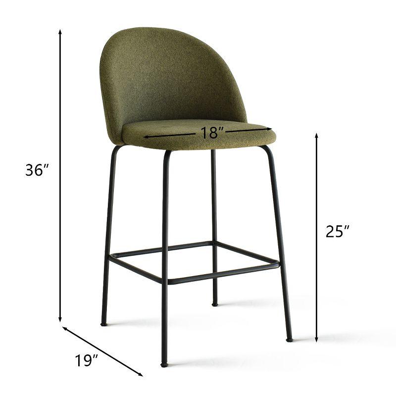 Olive Green Upholstered Counter Stools with Black Metal Frame, Set of 2